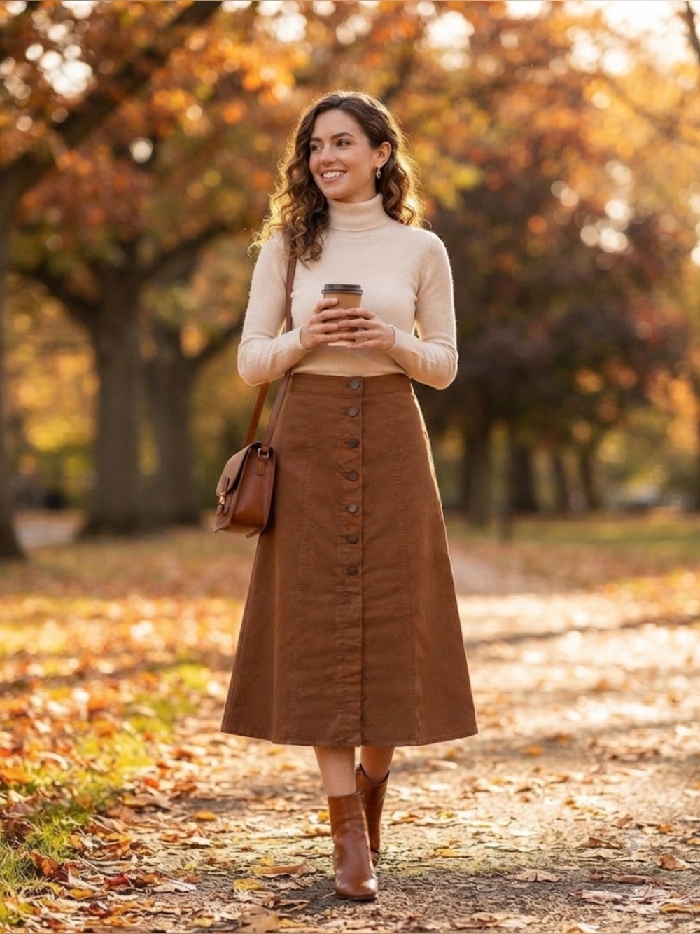 Uniqlo Button-Front A-Line Midi Skirt in Brown